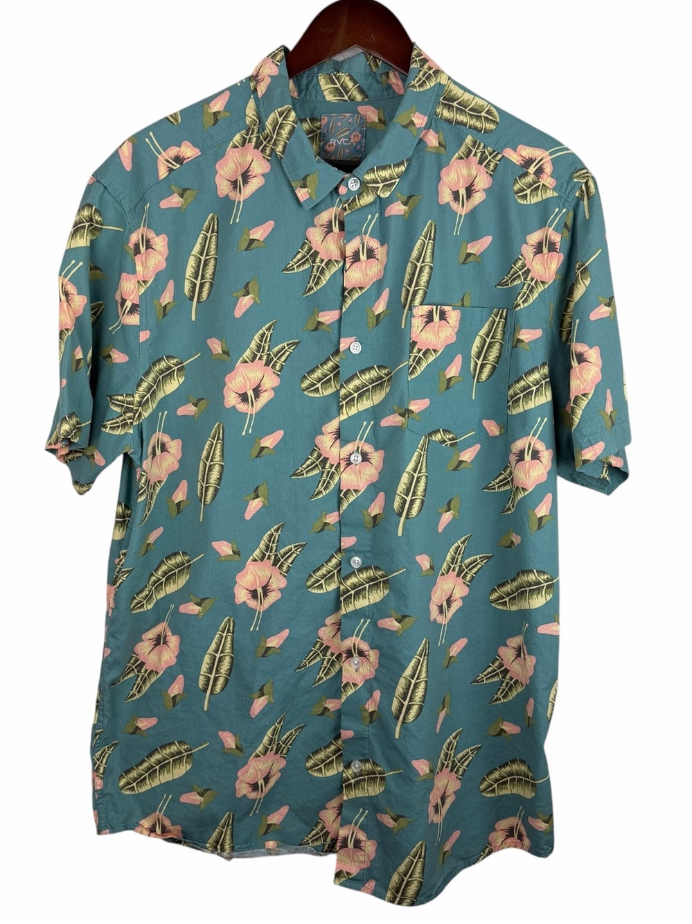 RVCA | Green Pink Hibiscus Print Button Short Sleeve Shirt